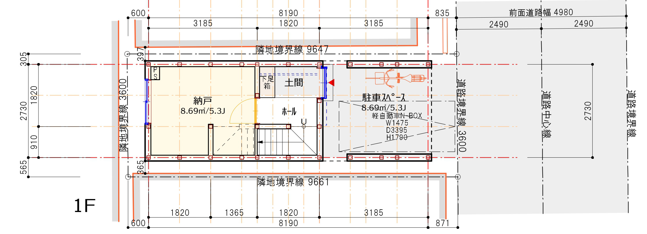 1F 平面図：ビルトインガレージと洋室