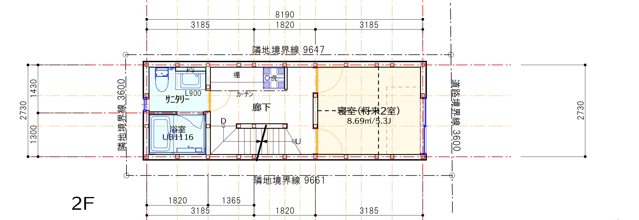 2F 平面図：将来 2 室に仕切れる寝室＋水廻り